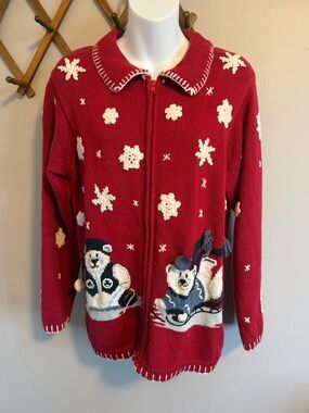 Vintage winter Red Polar Bear Snowflake Zip-Up Sweater Rainbow Bridge S